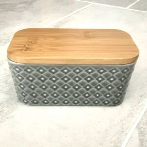 Gray Hasense Ceramic Butter Dish with Bamboo Lid